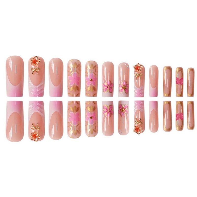 Foccna Pink Press on Nails Artificail Long, French Square Fake Nails, 3D Flowers Acrylic for Women Reusable Nail Kit,24pcs, Gorgeous Nails - Image 3